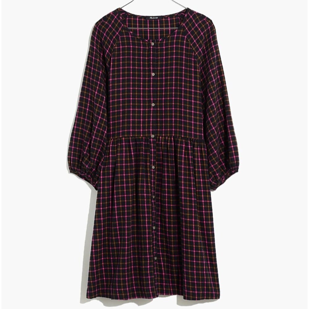 Madewell Plaid Flannel Raglan Button Front Shirtdress